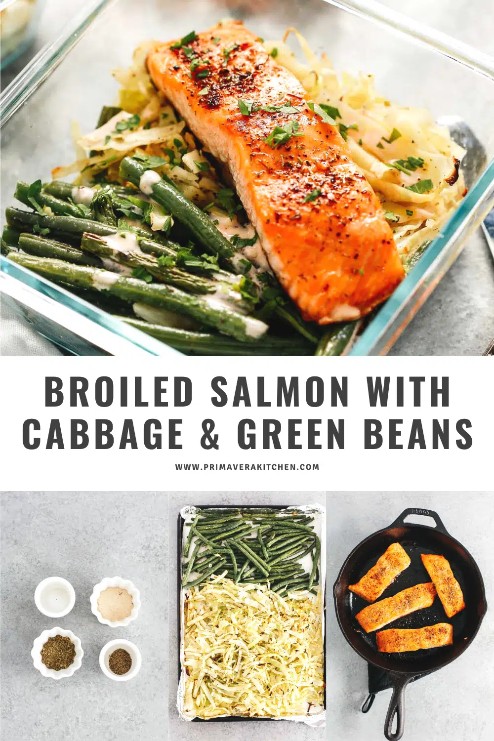 titled photo collage (and shown): boiled salmon recipe with cabbage and green beans