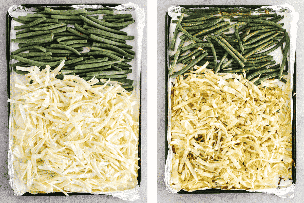 shredded cabbage and green beans on baking sheet, ready to cook