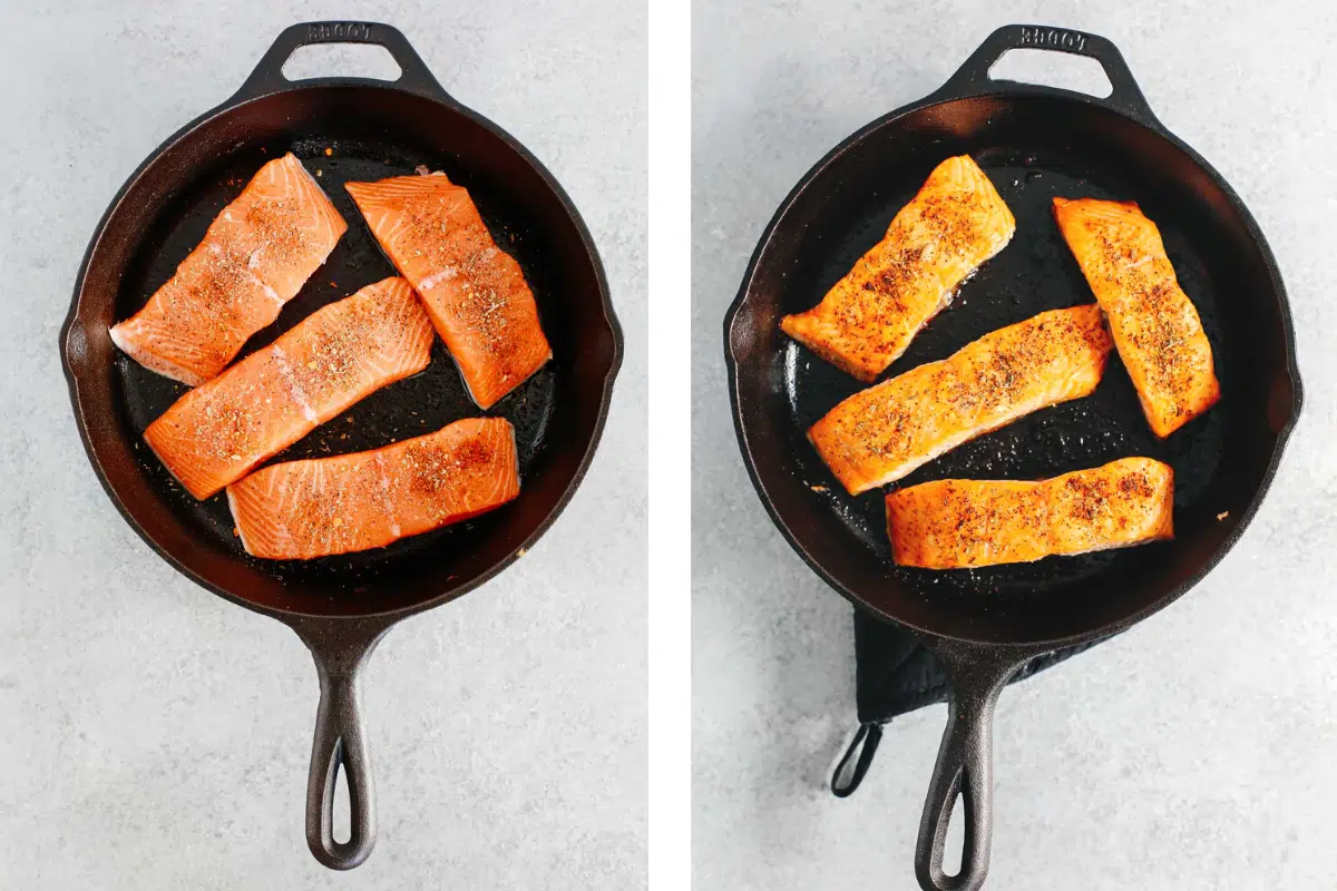 searing salmon filets in cast iron pan