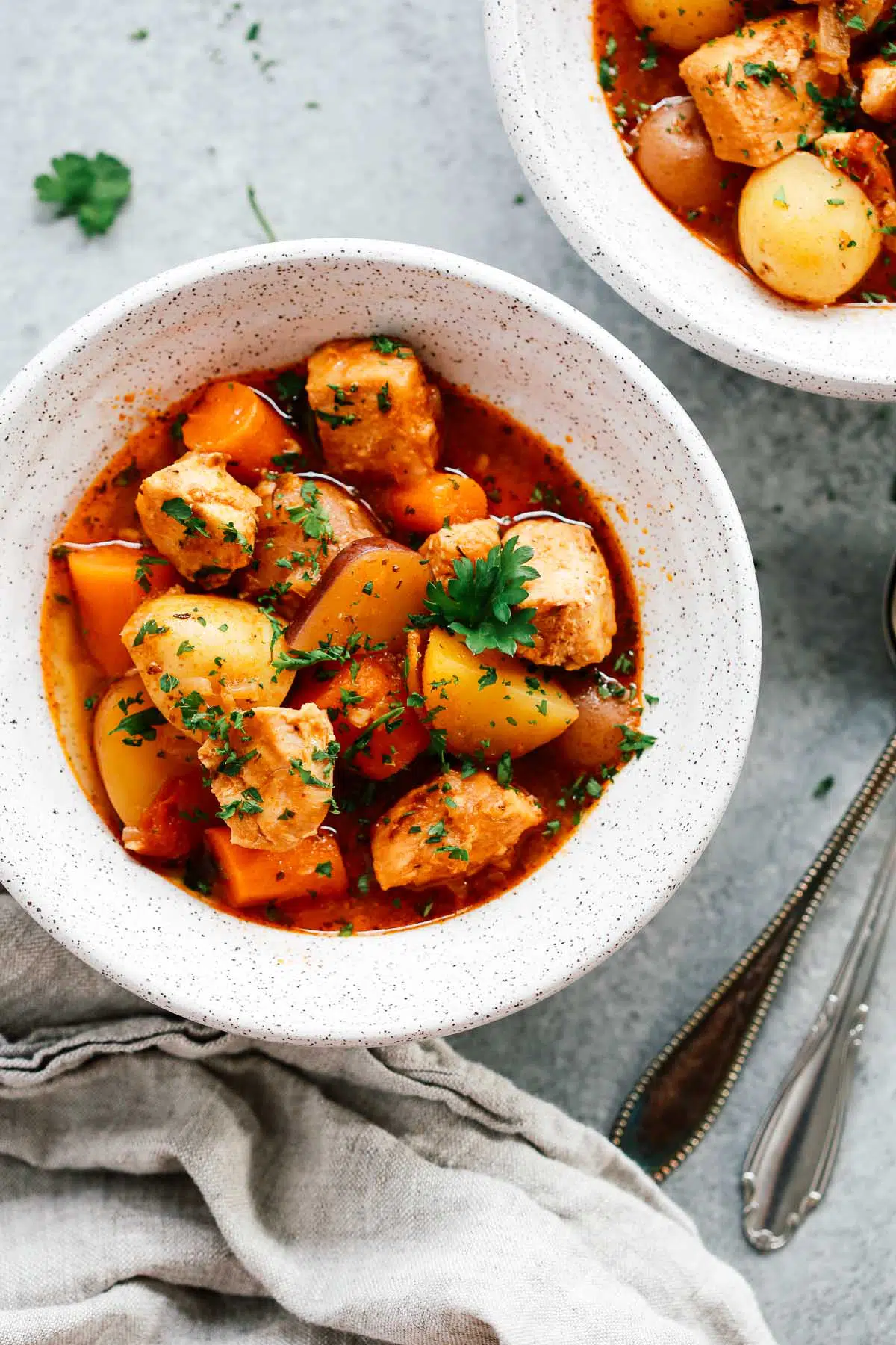 looking down on bowl of hearty chicken stew 