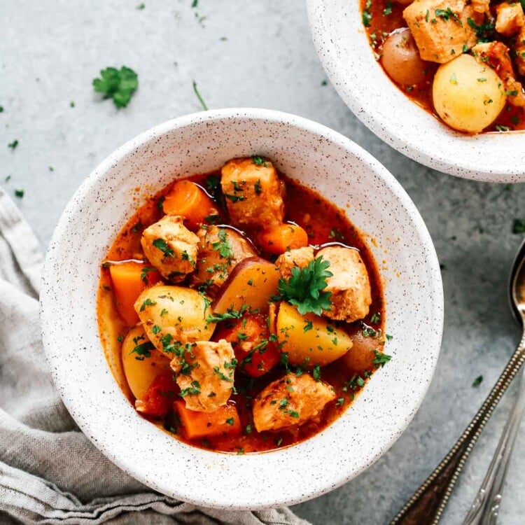 overhead view of two bowls of Instant Pot chicken stew