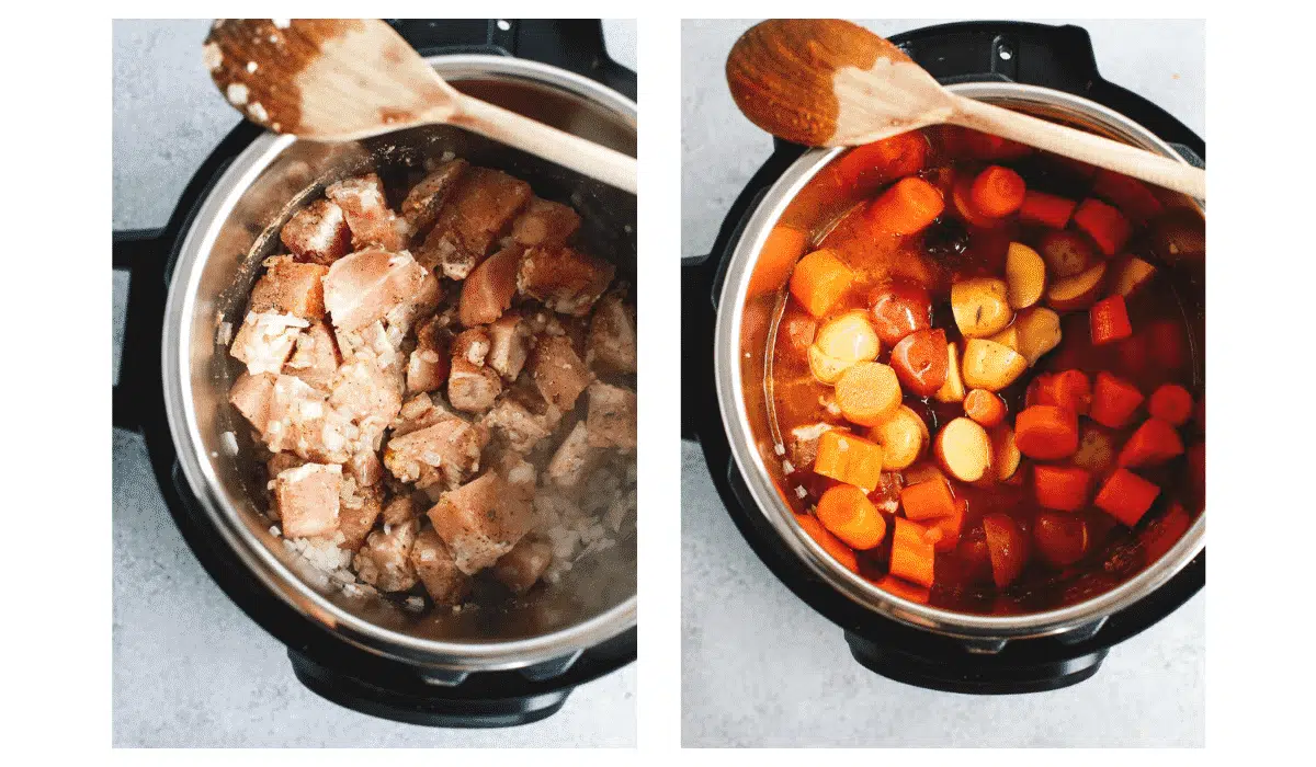 step by step photos show how to make chicken stew in an electric pressure cooker