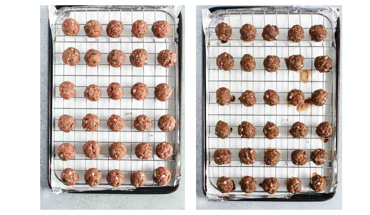 meatballs for meatball soup, on baking racks, before and after baking.