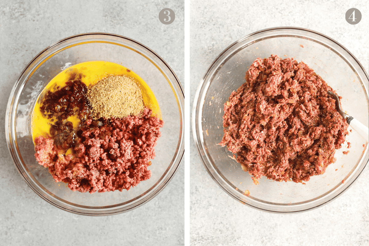 ground beef, egg, worcestershire sauce, and bread crumbs in a mixing bowl