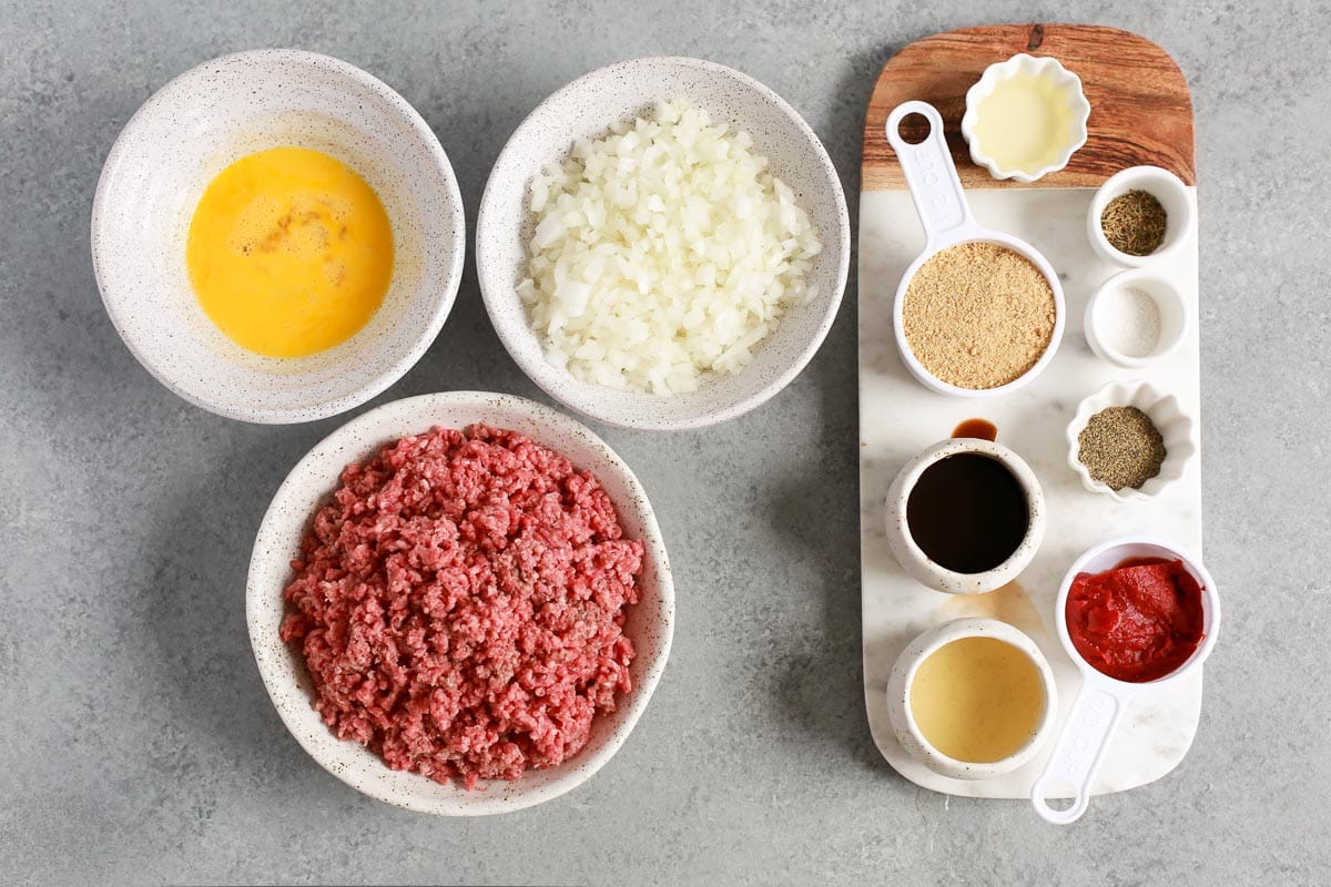 ingredients in prep bowls to make a healthy meatloaf recipe