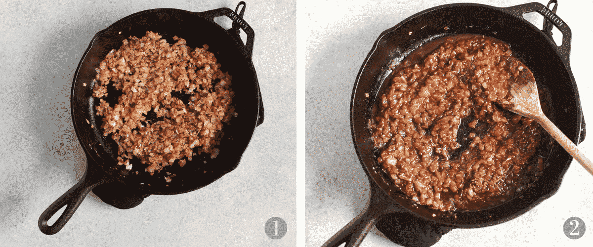 browning ground beef in cast iron skillet