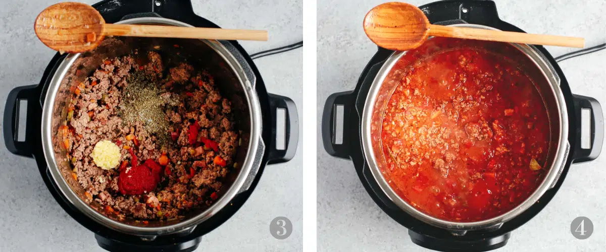 photo collage shows 2 of the steps involved in making Instant Pot pasta sauce