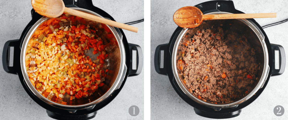 photo collage shows first 2 steps in making a pasta sauce recipe