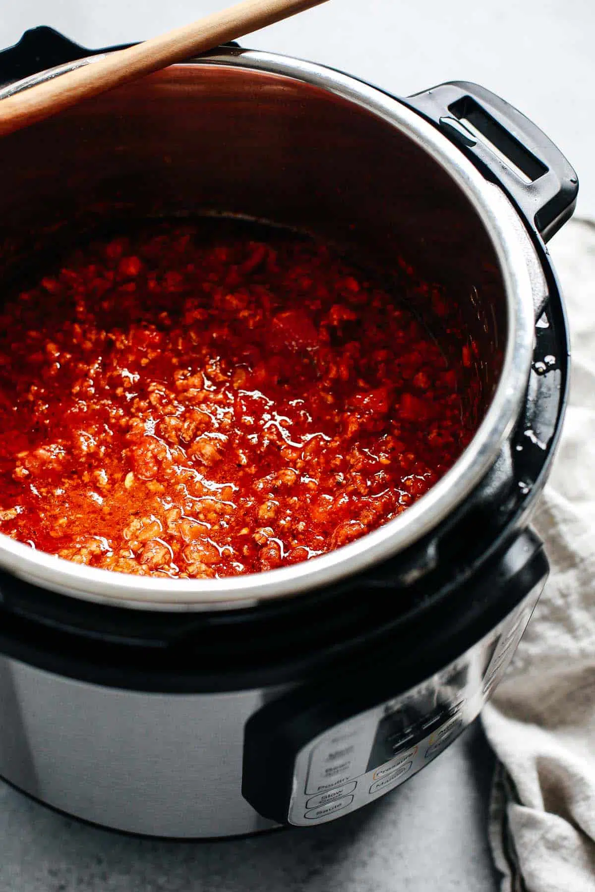 Instant Pot meat sauce cooking in an electric pressure cooker