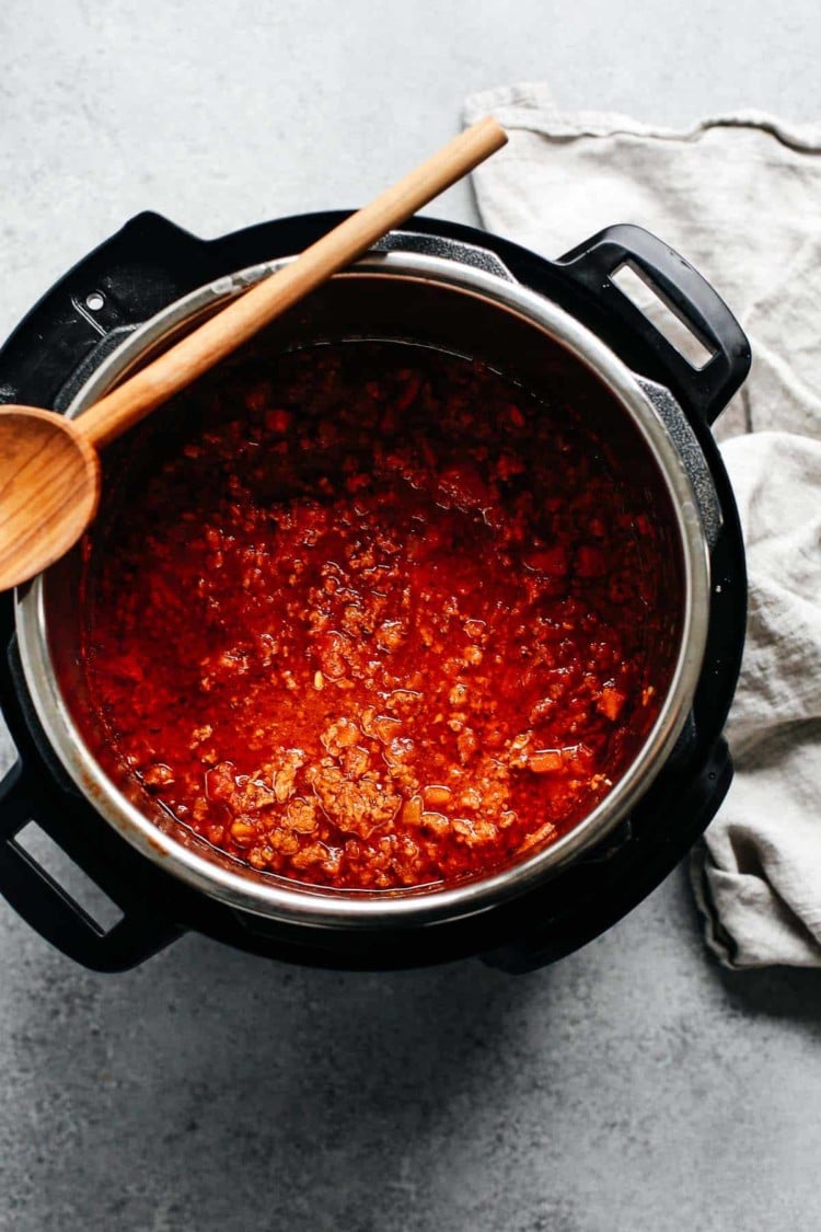 overhead view of meat sauce inside of an instant pot