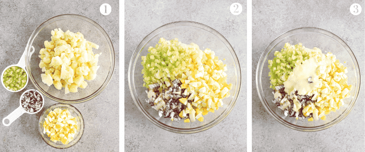 Trio of photos showing the steps to put together cauliflower potato salad
