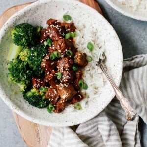 overhead view of Korean beef in a white bowl