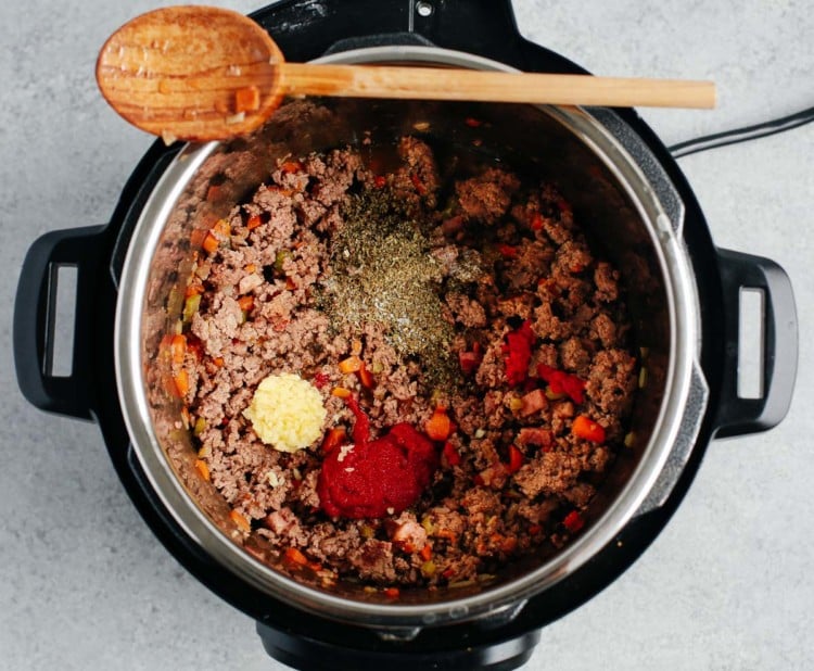 overhead view of meat sauce inside of instant pot
