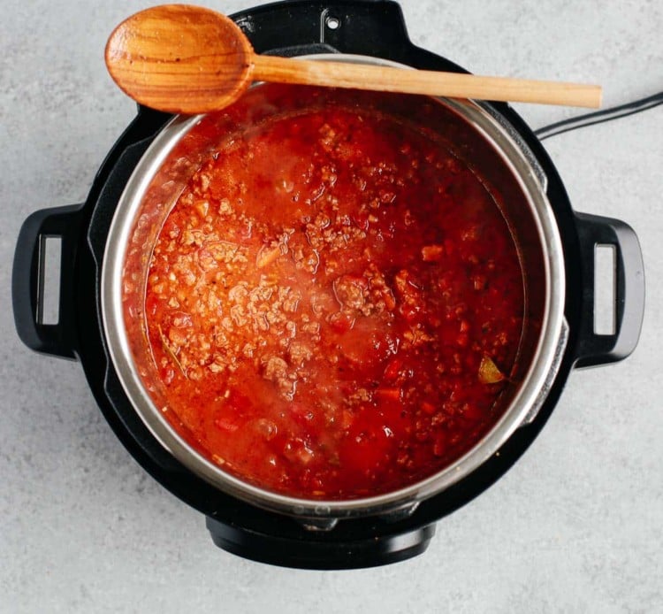 overhead view of instant pot meat sauce