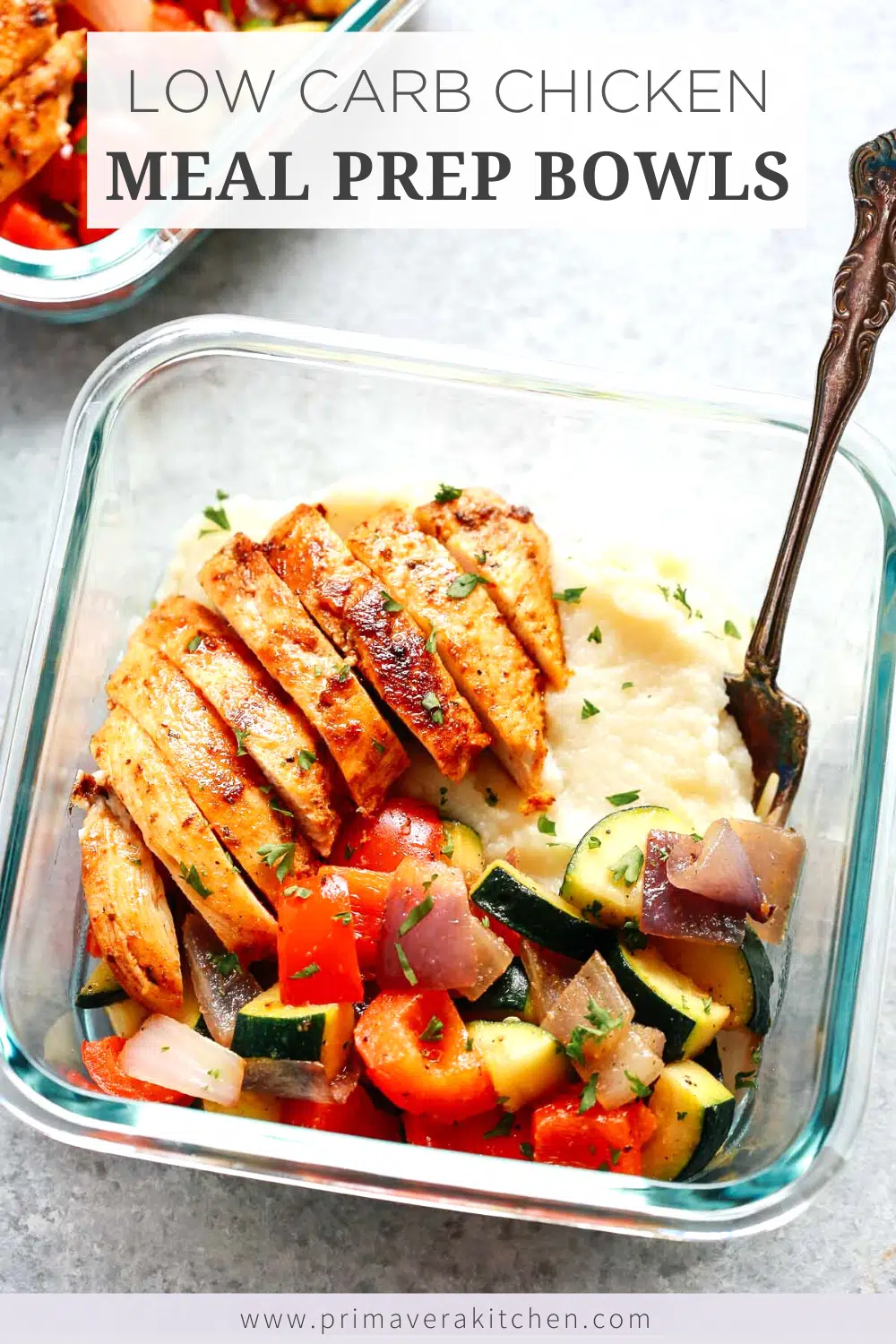 overhead view of an low carb chicken recipe in a glass container