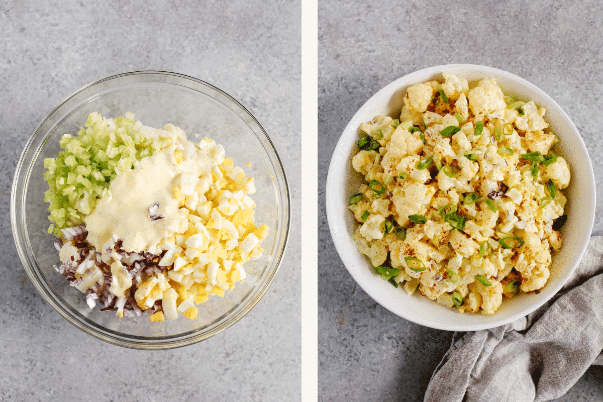 Trio of photos showing the steps to put together cauliflower potato salad