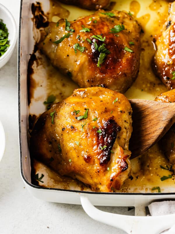 close up chicken thighs in a casserole