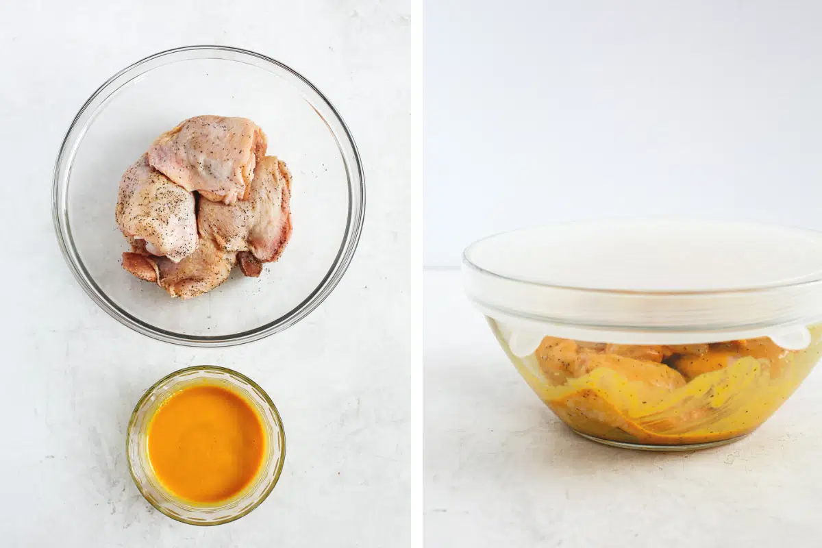 side by side: before and after of seasoned chicken thighs with dijon marinade