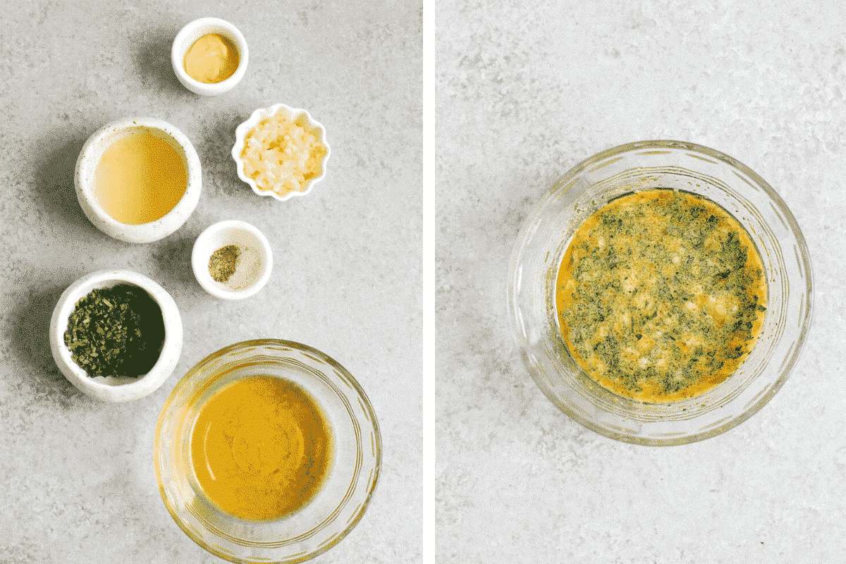 side by side photos of ingredients for Dijon mustard sauce and then blended together