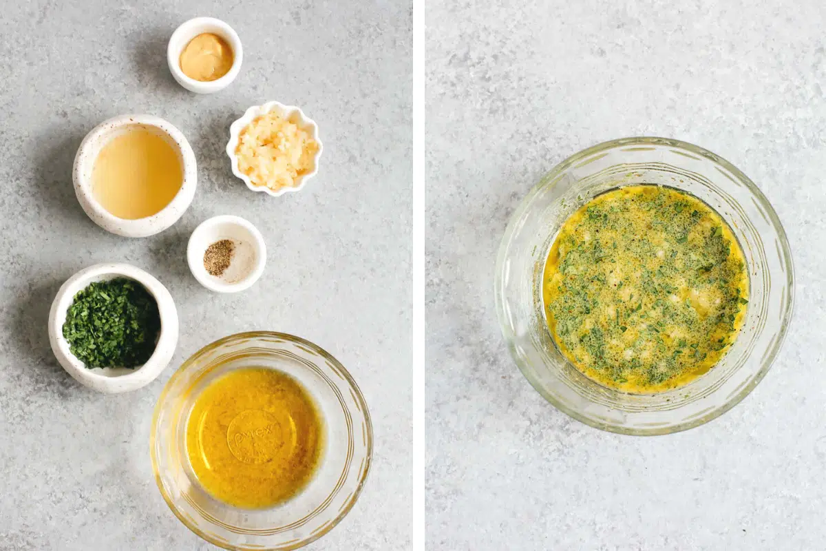 side by side photos of ingredients for Dijon mustard sauce and then blended together