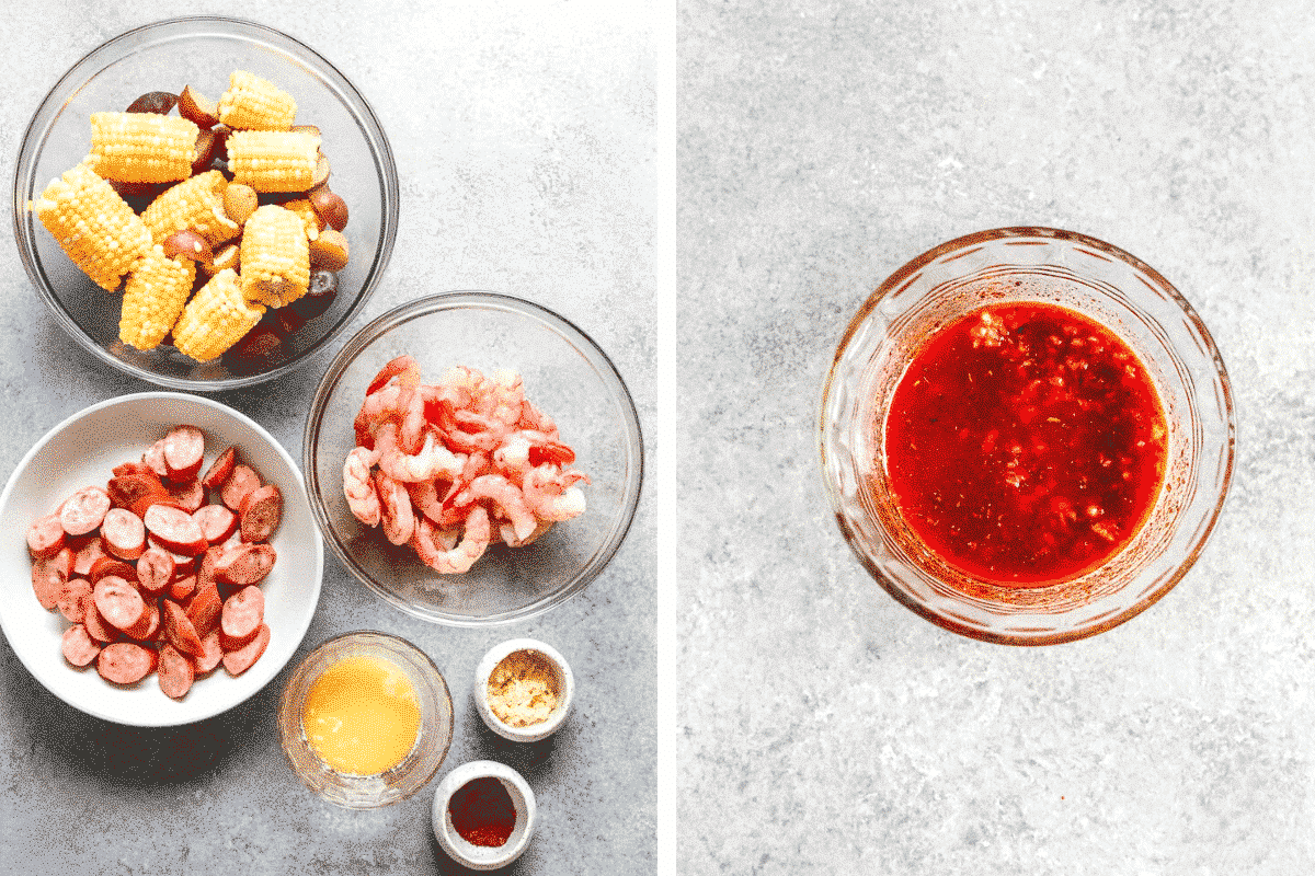 side by side photos of shrimp boil ingredients and sauce