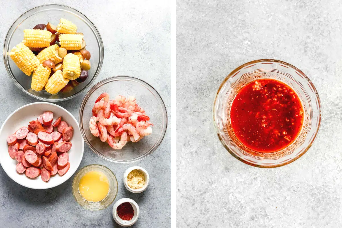 side by side photos of shrimp boil ingredients and sauce