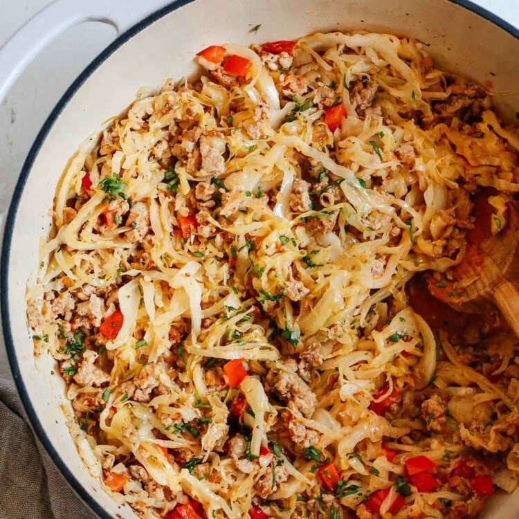 overhead photo of one pan cabbage and sausage