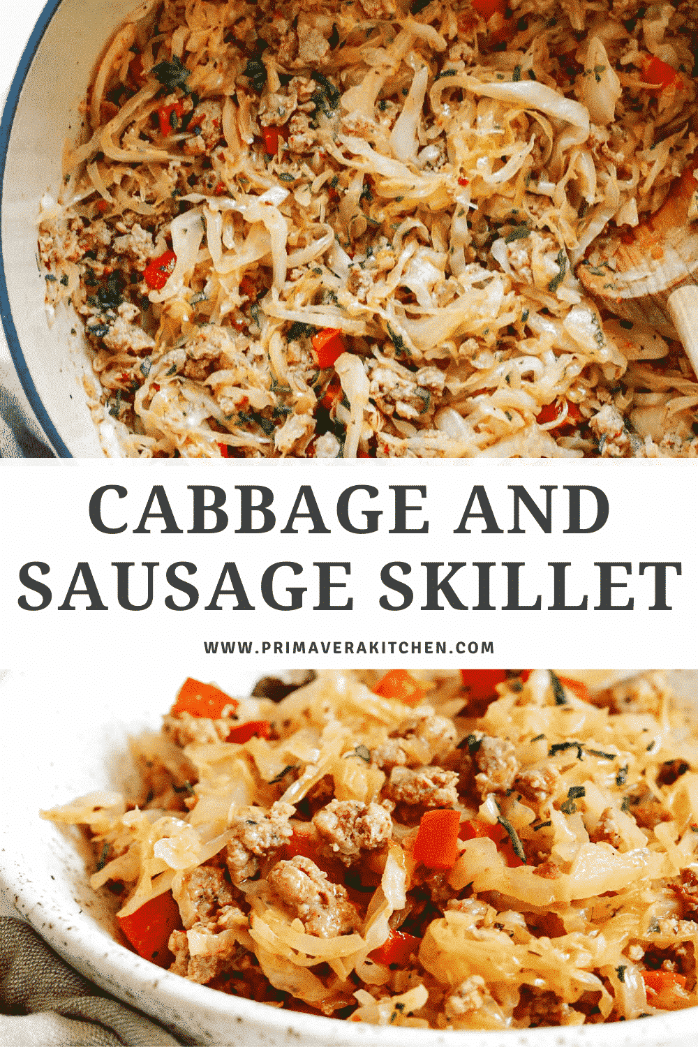 titled photo collage (and shown): cabbage and sausage skillet 