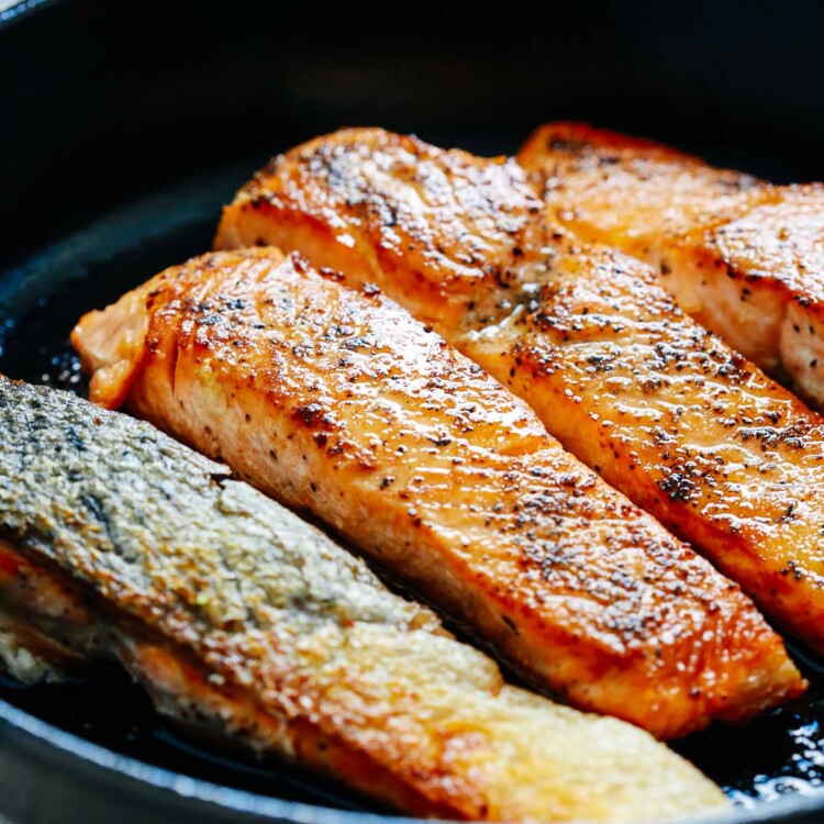4 pan seared salmon fillets in cast iron skillet