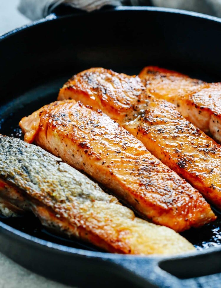 4 pan seared salmon fillets in cast iron skillet