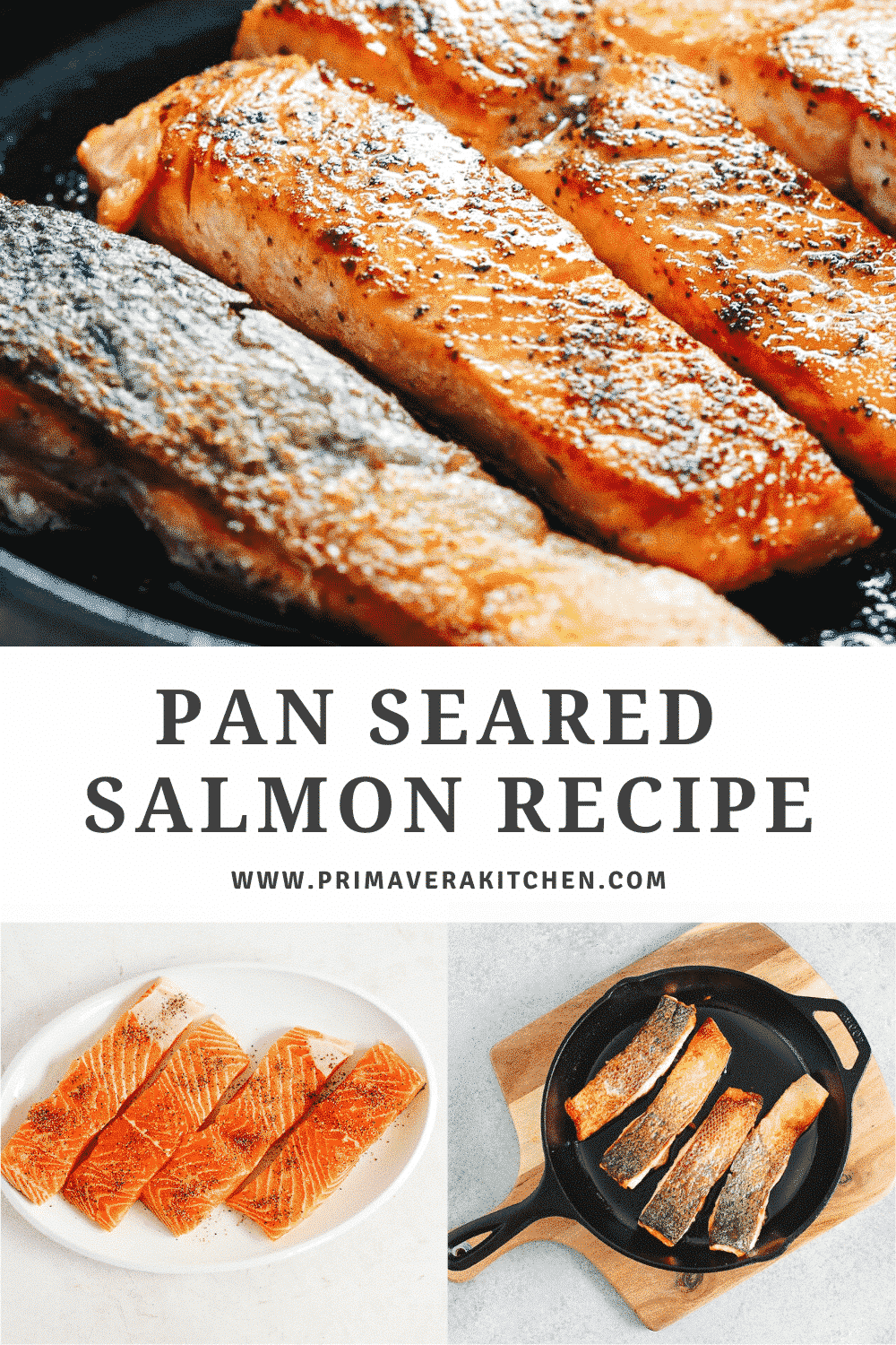 A close up of cast iron skillet containing seared salmon