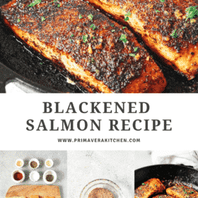 collage with 4 different photos of blackened salmon with a text that says "blackened salmon recipe"