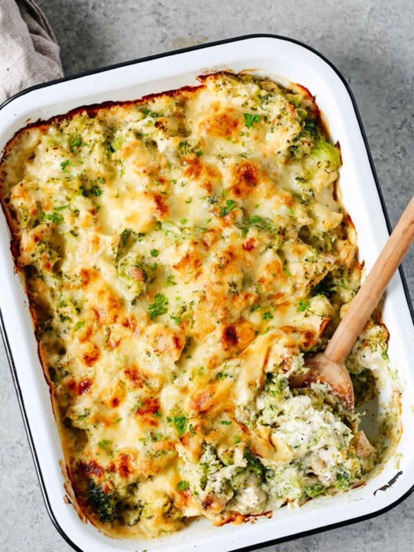 baked dish with broccoli and cauliflower with melted cheese on top