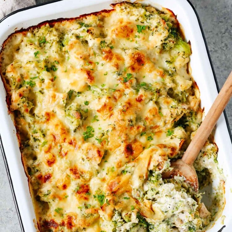 baked dish with broccoli and cauliflower with melted cheese on top