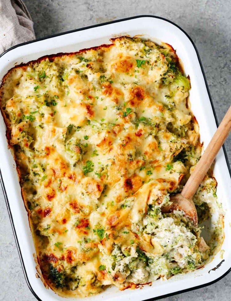 baked dish with broccoli and cauliflower with melted cheese on top