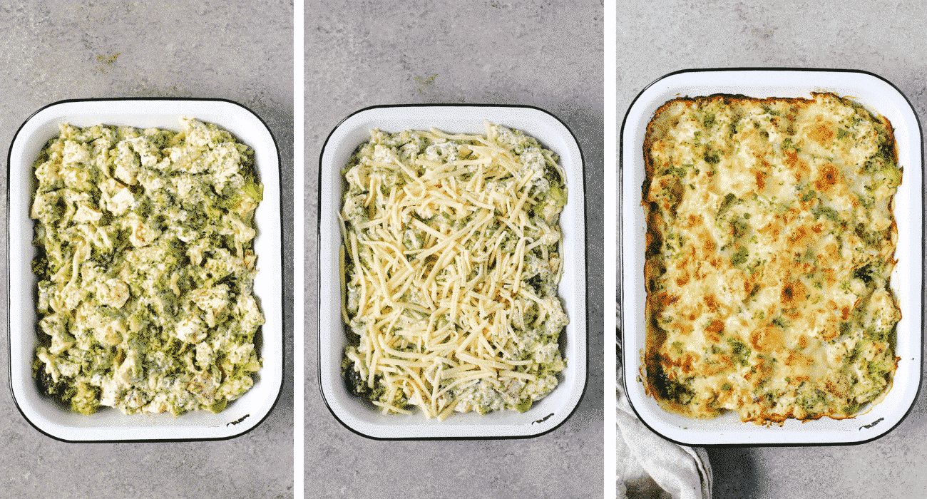 step by step photos of placing the broccoli cauliflower chicken cheese mixture into the pan, topping with more cheese, and then baking until golden.