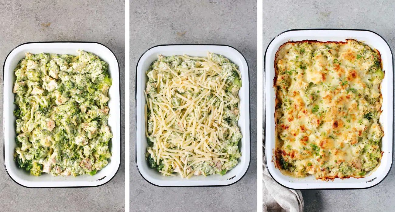 Photos étape par étape de la mise en place du mélange de poulet brocoli chou-fleur fromage dans le moule, de la garniture avec plus de fromage, puis de la cuisson au four jusqu'à ce qu'il soit doré.