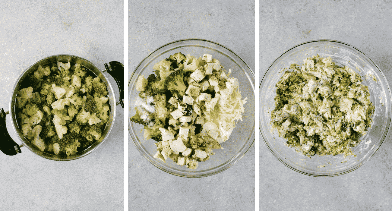 step by step photos of how to steam the vegetables, the casserole mixture, and mixed ingredients