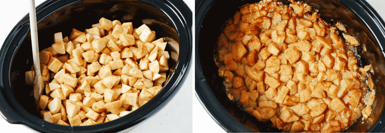 two images - apples added into a slow cooker and apples cooked in a slow cooker to make applesauce
