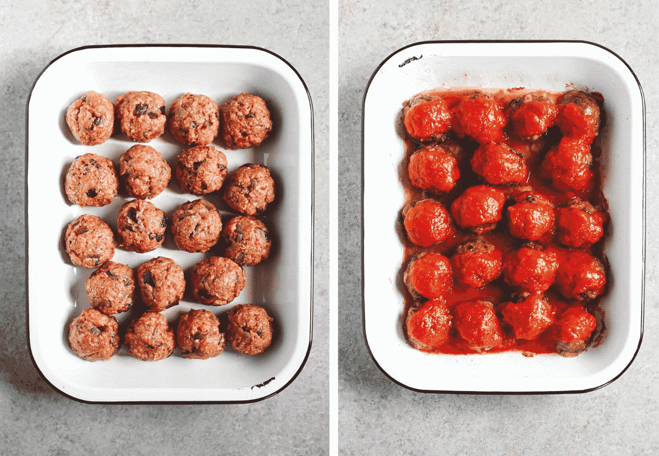 instructional step by step photos: placing the meatballs in the casserole dish to be baked then topping the baked meatballs with tomato sauce