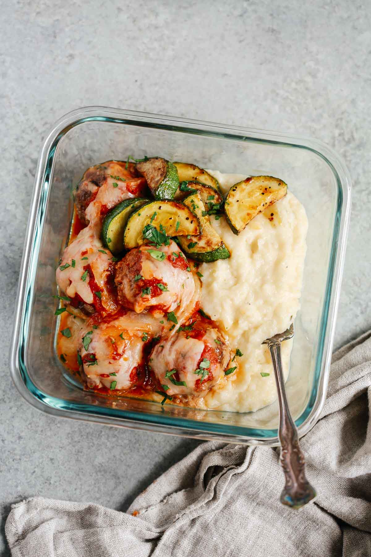 baked meatball casserole in a meal prep container