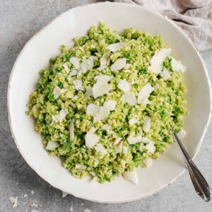 overhead view of a plate of Parmesan Brussels Sprouts Salad