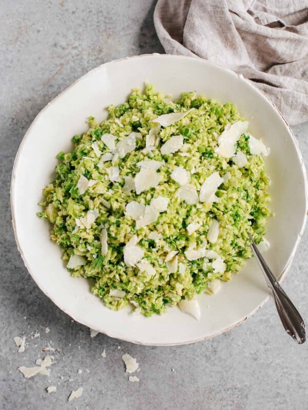 overhead view of a plate of Parmesan Brussels Sprouts Salad