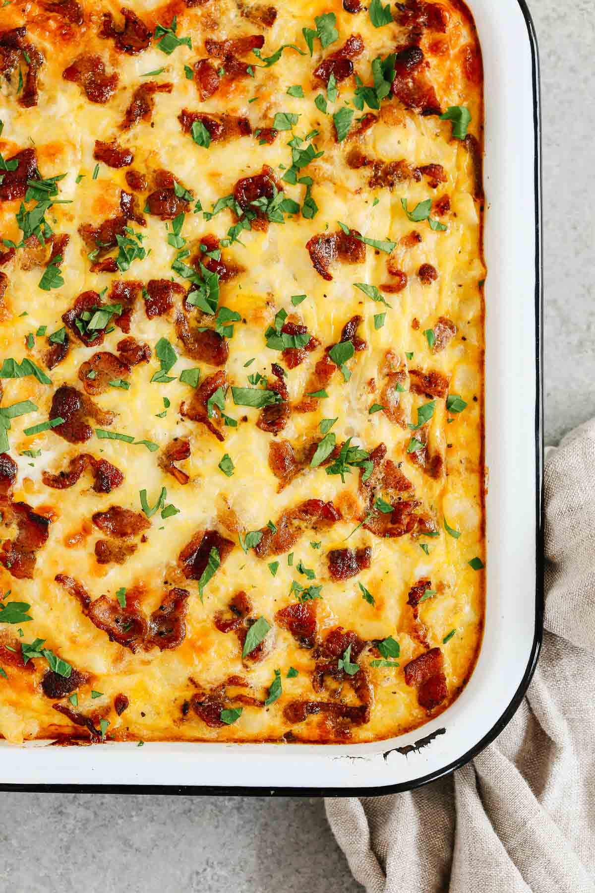 close up of a Sausage and Potato Breakfast Casserole in a pan