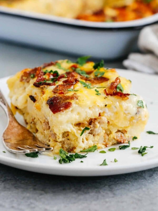 close up of a slice of Sausage and Potato Breakfast Casserole.