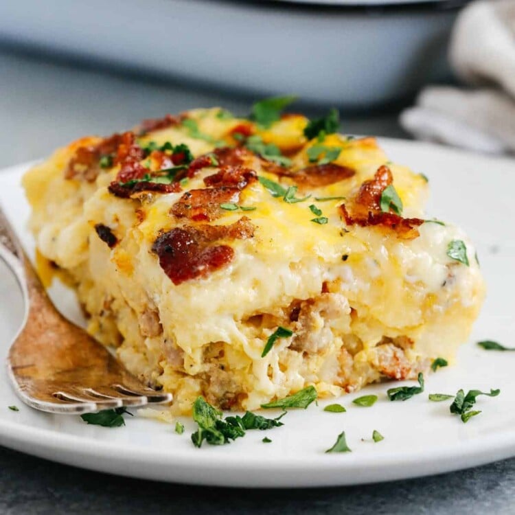 close up of a slice of Sausage and Potato Breakfast Casserole.