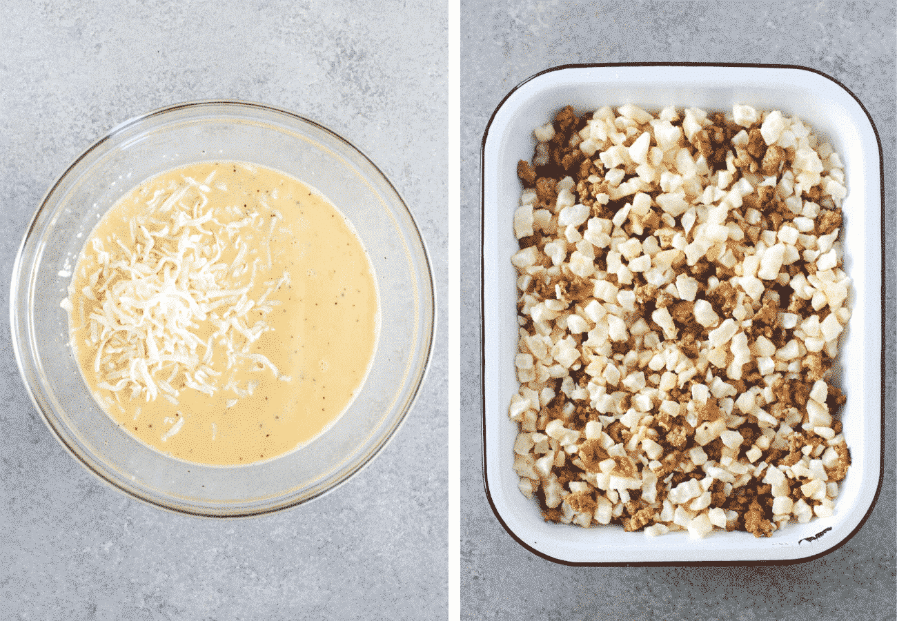 instructional images of mixing together the casserole egg mixture and the sausage and potatoes inside the baking dish.