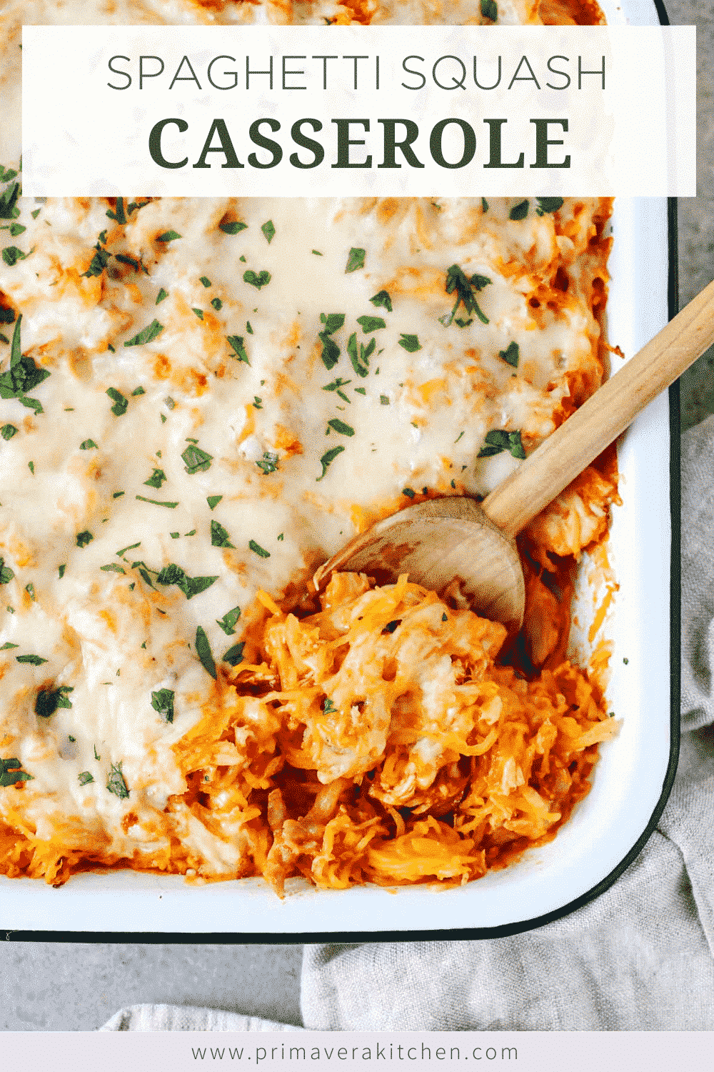 overhead view of white casserole containing spaghetti squash