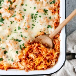 Overhead photo of a baking dish of spaghetti squash casserole