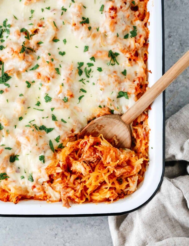 Overhead photo of a baking dish of spaghetti squash casserole